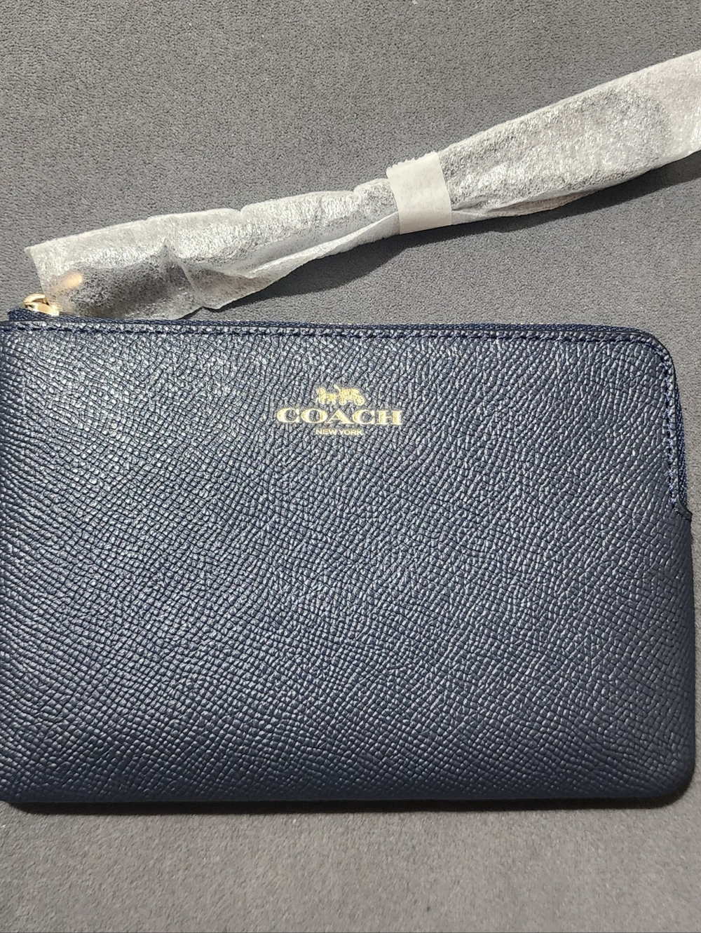 Coach Navy Pebbled Leather Zip Pouch with Gold Logo